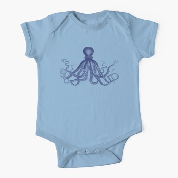 Octopus | Vintage Octopus | Tentacles | Sea Creatures | Nautical | Ocean | Sea | Beach | Navy Blue and White |  Short Sleeve Baby One-Piece