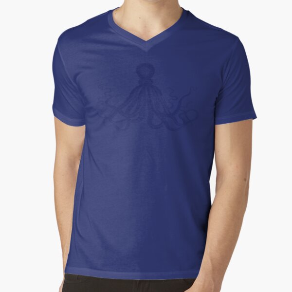 Octopus | Vintage Octopus | Tentacles | Sea Creatures | Nautical | Ocean | Sea | Beach | Navy Blue and White | V-Neck T-Shirt