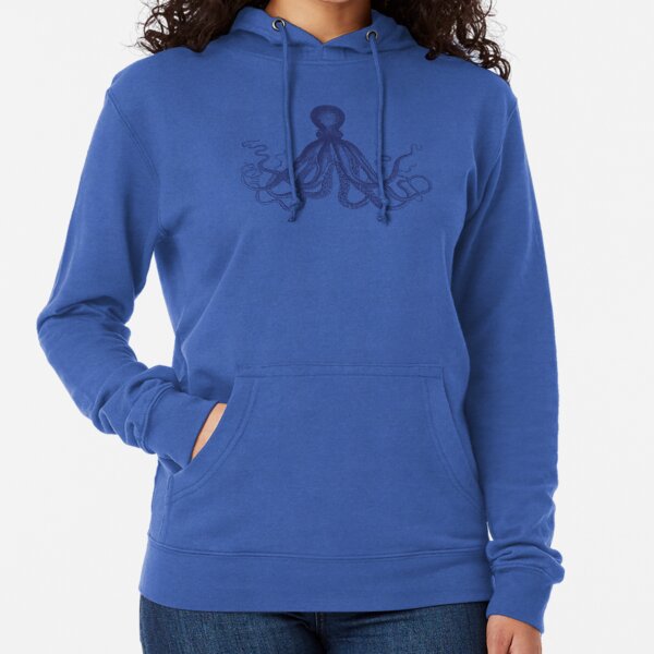 Octopus | Vintage Octopus | Tentacles | Sea Creatures | Nautical | Ocean | Sea | Beach | Navy Blue and White | Lightweight Hoodie
