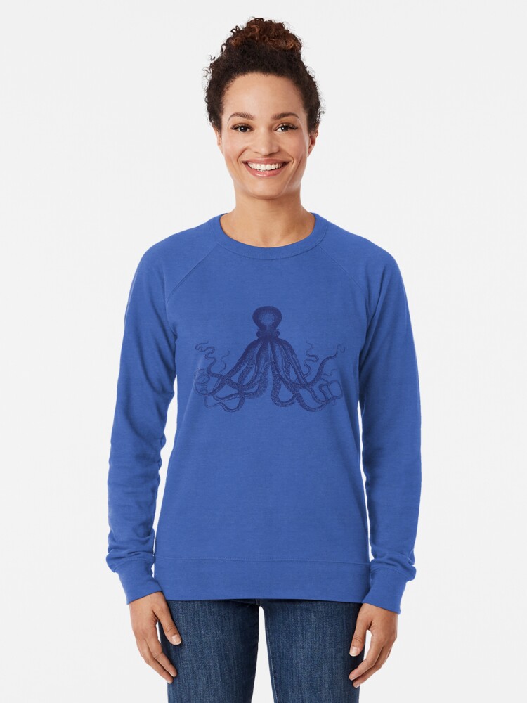 Alternative Ansicht von Krake | Weinlese-Krake | Tentakeln | Meeresbewohner | Nautik | Ozean | Meer | Strand | Marineblau und Weiß | Leichter Pullover