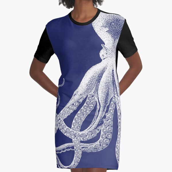 Octopus | Vintage Octopus | Tentacles | Sea Creatures | Nautical | Ocean | Sea | Beach | Navy Blue and White | Graphic T-Shirt Dress