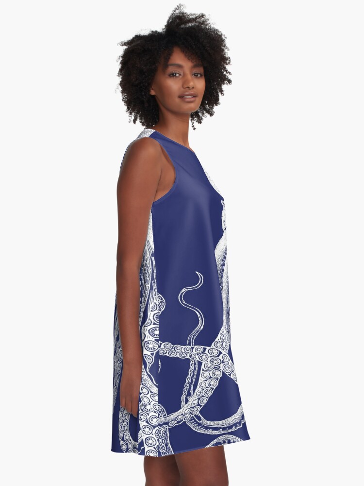 Alternate view of Octopus | Vintage Octopus | Tentacles | Sea Creatures | Nautical | Ocean | Sea | Beach | Navy Blue and White |  A-Line Dress