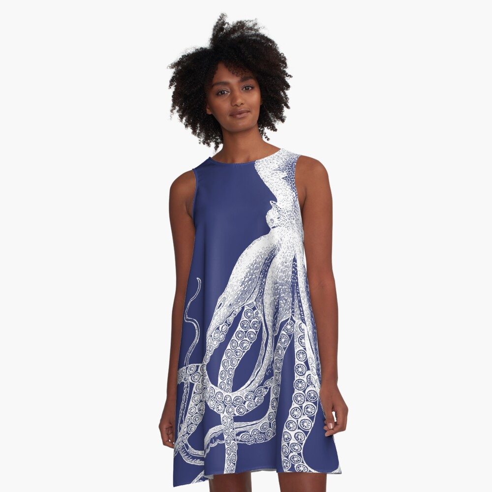 Octopus | Vintage Octopus | Tentacles | Sea Creatures | Nautical | Ocean | Sea | Beach | Navy Blue and White | A-Line Dress