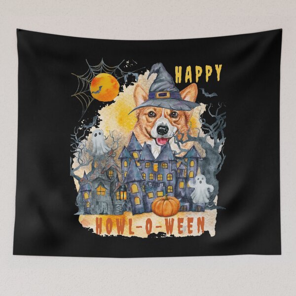 Item preview, Corgi Happy Howl-o-ween Ghost Houses Funny Watercolor  designed and sold by Cuddlythopia.