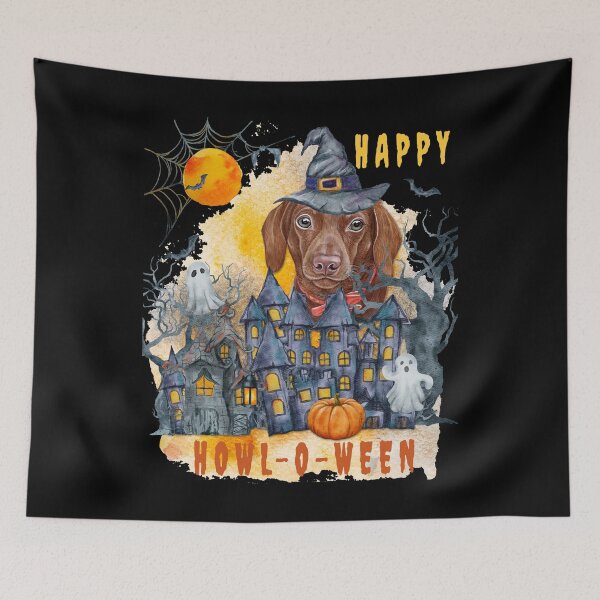 Item preview, Dachshund Happy Howl-o-ween Ghost Houses Funny Watercolor  designed and sold by Cuddlythopia.