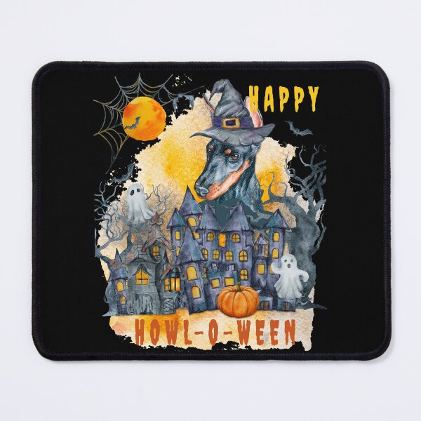 Item preview, Doberman Happy Howl-o-ween Ghost Houses Funny Watercolor designed and sold by Cuddlythopia.