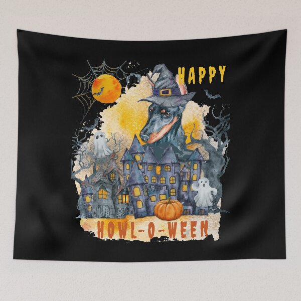 Item preview, Doberman Happy Howl-o-ween Ghost Houses Funny Watercolor  designed and sold by Cuddlythopia.