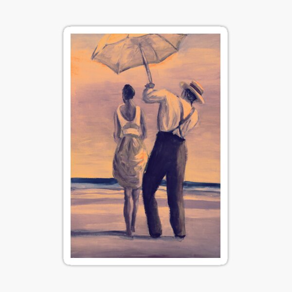 Painting of man holding umbrella for the girl at the beach Sticker