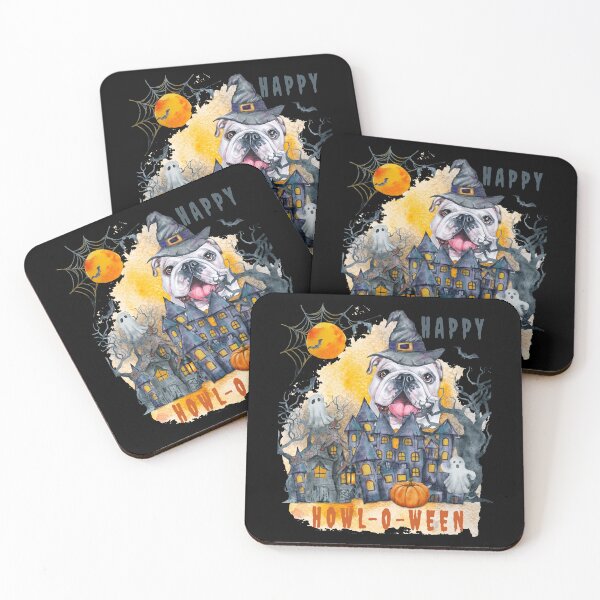 Item preview, English Bulldog Happy Howl-o-ween Ghost Houses Funny Watercolor  designed and sold by Cuddlythopia.