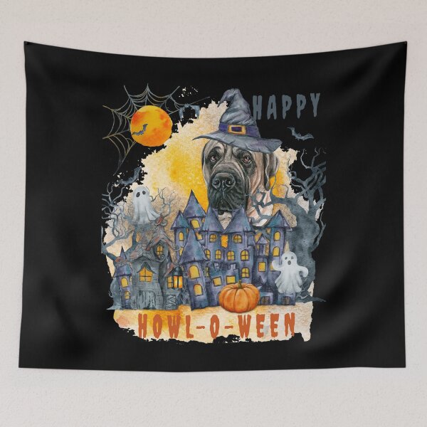 Item preview, English Mastiff Happy Howl-o-ween Ghost Houses Funny Watercolor  designed and sold by Cuddlythopia.