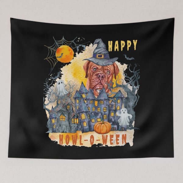 Item preview, French Mastiff Happy Howl-o-ween Ghost Houses Funny Watercolor  designed and sold by Cuddlythopia.