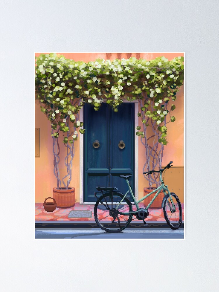 "Pixel Art Coastal Town Door With Bike" Poster for Sale by MisuWinArt