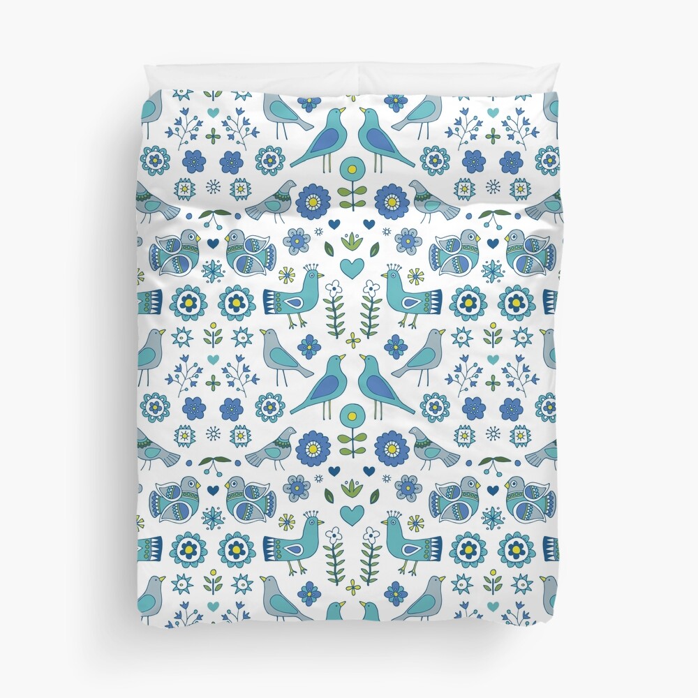 Scandi Folk Birds - blue & white - Scandinavian folk art pattern by Cecca Designs Duvet Cover