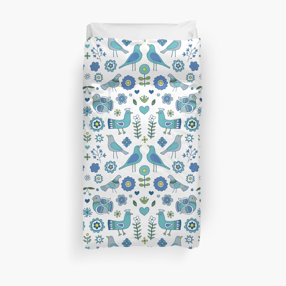 Scandi Folk Birds - blue & white - Scandinavian folk art pattern by Cecca Designs Duvet Cover