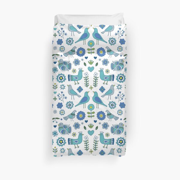 Scandi Folk Birds - blue & white - Scandinavian folk art pattern by Cecca Designs Duvet Cover