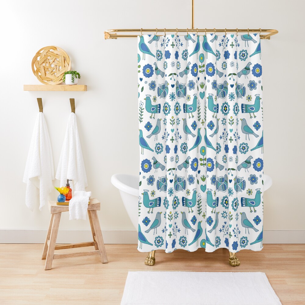 Scandi Folk Birds - blue & white - Scandinavian folk art pattern by Cecca Designs Shower Curtain
