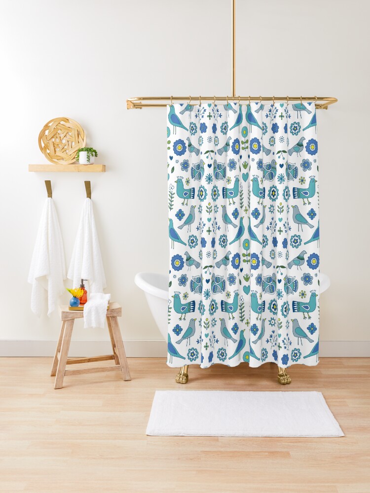 Thumbnail 1 of 5, Shower Curtain, Scandi Folk Birds - blue and white - Scandinavian folk art pattern by Cecca Designs designed and sold by Cecca-Designs.