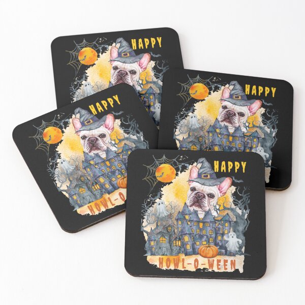 Item preview, French Bulldog Happy Howl-o-ween Ghost Houses Funny Watercolor  designed and sold by Cuddlythopia.