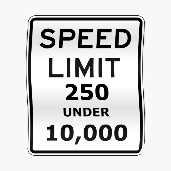 Speed limit 250 under 10,000 sign. Poster