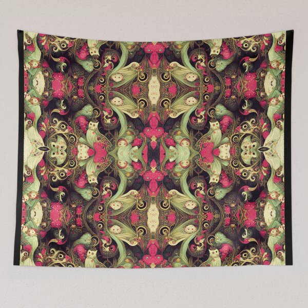 Item preview, Sage Green Painted Owls Hot Pink Motif on Black and Yellow Ivory designed and sold by MysticAlgorithm.