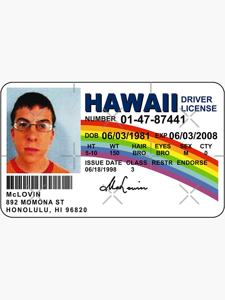 Pegatina Licencia De Conducir De McLovin Hawi De Jackellies | Redbubble