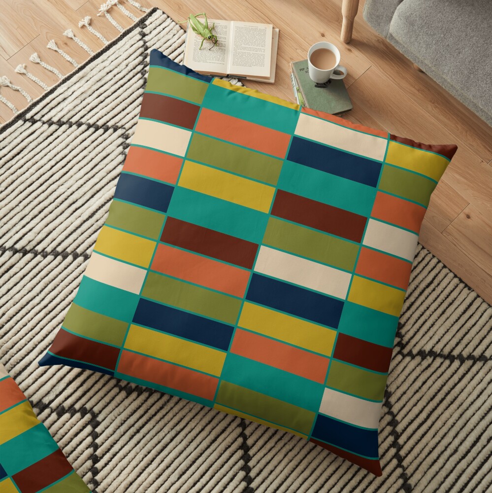 Mid Mod Blocks - Mid-century Modern Geometric Retro Checked Pattern in Olive, Mustard, Teal, and Orange Floor Pillow