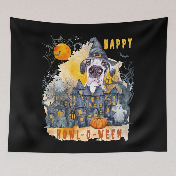 Item preview, Great Dane Happy Howl-o-ween Ghost Houses Funny Watercolor  designed and sold by Cuddlythopia.