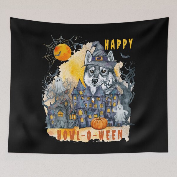 Item preview, Siberian Husky Happy Howl-o-ween Ghost Houses Funny Watercolor  designed and sold by Cuddlythopia.
