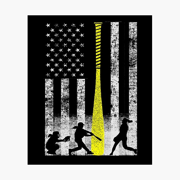 Softball Flag With Softball Players and Yellow Bat Photographic Print