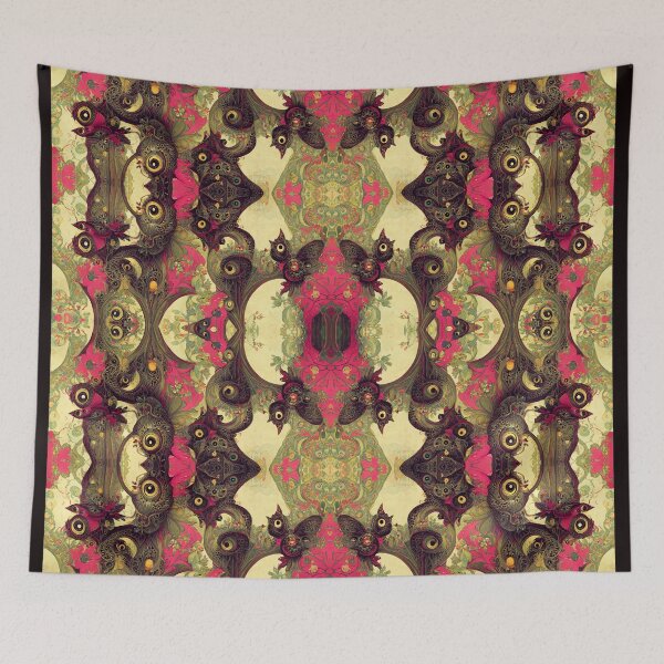 Item preview, Owl Eyes on Hot Pink and Foggy Faded Sage Green Motif Ivory Background designed and sold by MysticAlgorithm.