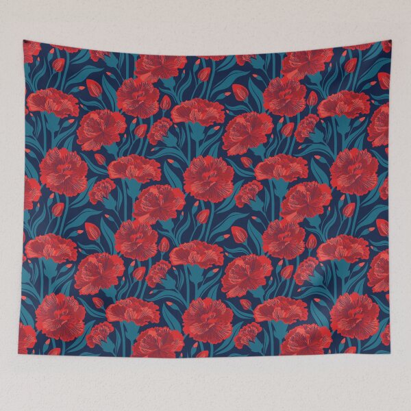 Item preview, Red carnation flowers // oxford navy blue background vivid red coral and peacock blue clove flowers designed and sold by SelmaCardoso.