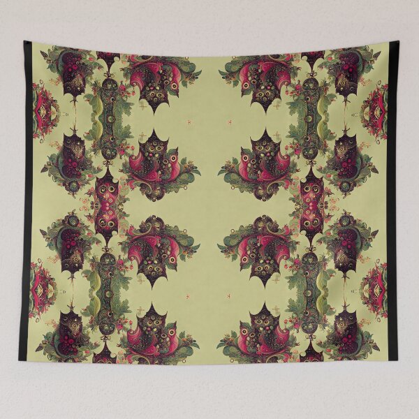 Aperçu de l'œuvre Hiboux victoriens vintage roses sur vert sauge créée et vendue par MysticAlgorithm.