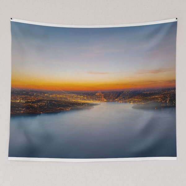 Item preview, Aerial View over Mountain and Lake and City Lucerne in a Dusk with Light Trails  designed and sold by Mats Silvan.