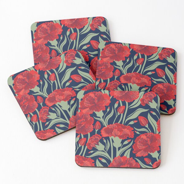 Item preview, Red carnation flowers // oxford navy blue background vivid red coral and sage green clove flowers designed and sold by SelmaCardoso.