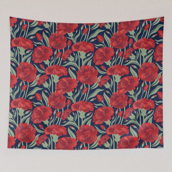 Item preview, Red carnation flowers // oxford navy blue background vivid red coral and sage green clove flowers designed and sold by SelmaCardoso.