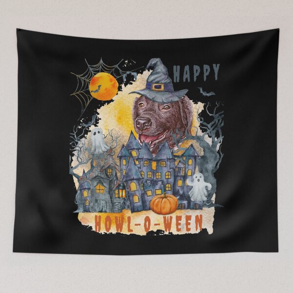 Item preview, Labrador Retriever Happy Howl-o-ween Ghost Houses Funny Watercolor  designed and sold by Cuddlythopia.