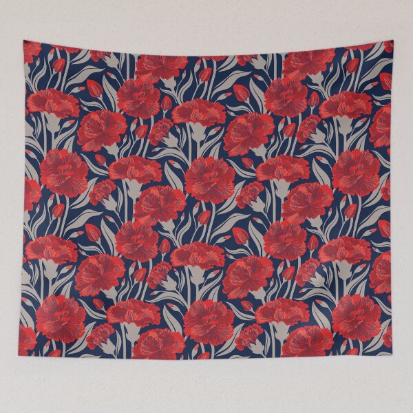 Item preview, Red carnation flowers // oxford navy blue background vivid red coral and martini brown clove flowers designed and sold by SelmaCardoso.