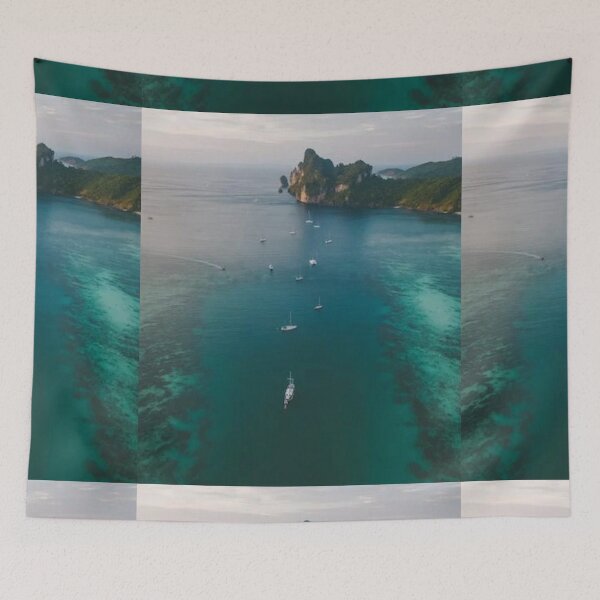 Item preview,   Cute colourful blue sea or ocean water and Island and yachts design designed and sold by BEAUTY ⭐⭐⭐⭐⭐.