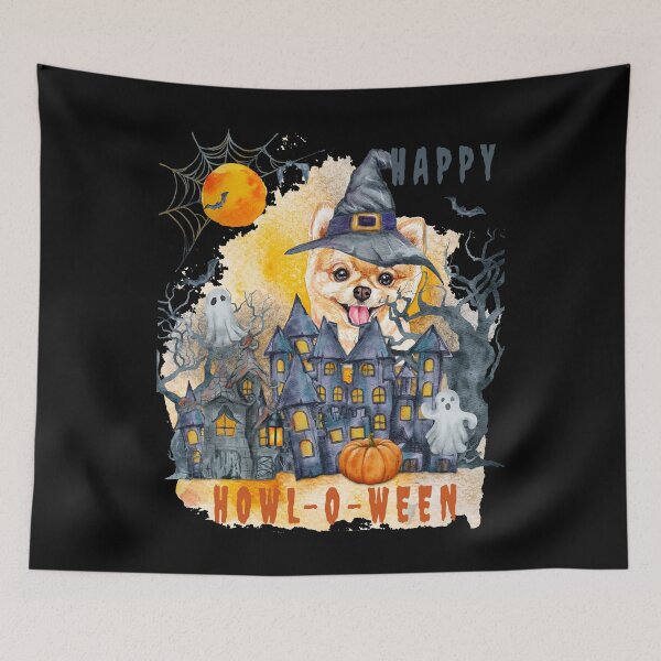 Item preview, Pomeranian Happy Howl-o-ween Ghost Houses Funny Watercolor  designed and sold by Cuddlythopia.