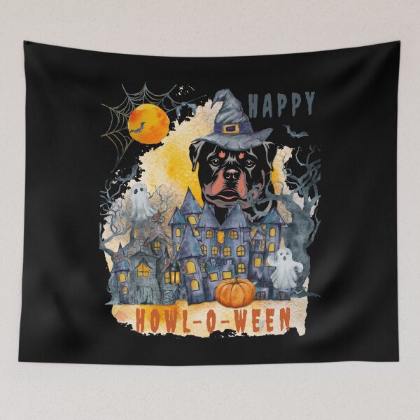 Item preview, Rottweiler Happy Howl-o-ween Ghost Houses Funny Watercolor  designed and sold by Cuddlythopia.