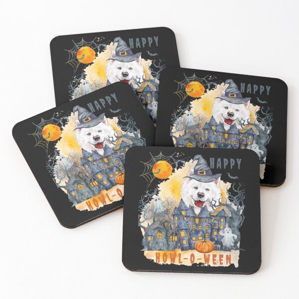 Item preview, Samoyed Happy Howl-o-ween Ghost Houses Funny Watercolor  designed and sold by Cuddlythopia.