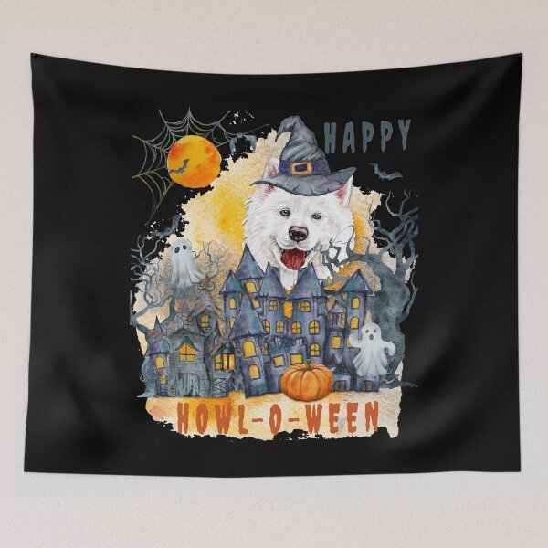 Item preview, Samoyed Happy Howl-o-ween Ghost Houses Funny Watercolor  designed and sold by Cuddlythopia.