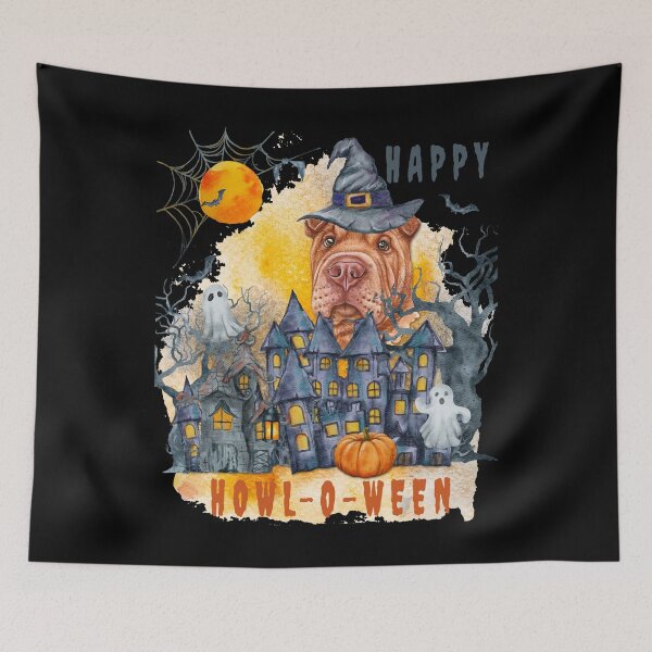 Item preview, Shar pei Happy Howl-o-ween Ghost Houses Funny Watercolor  designed and sold by Cuddlythopia.