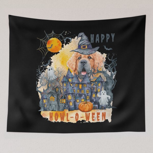 Item preview, Tibetan mastiff Happy Howl-o-ween Ghost Houses Funny Watercolor  designed and sold by Cuddlythopia.