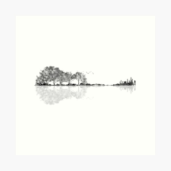 Nature Guitar - Black & White Watercolor  Art Print