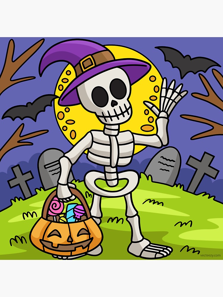 "Skeleton with Halloween Basket " Sticker for Sale by teatimeftsuus