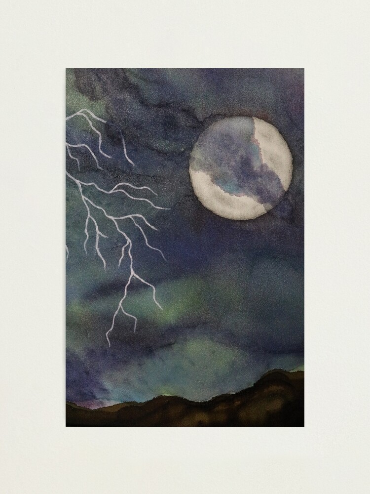 Stormy Sky Painting with Moon and Lightning