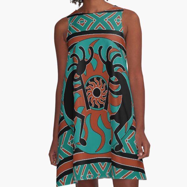 Teal Black And Brown Kokopelli Southwest Design A-Line Dress