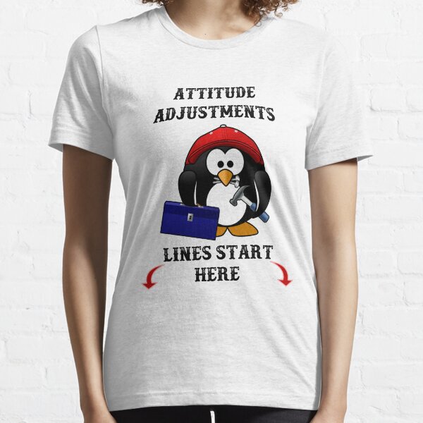 Vista previa del artículo con la obra «Las líneas de ajuste de actitud comienzan aquí: un lindo pingüino con una caja de herramientas, un martillo y clavos.», diseñado y vendido por Oaks Creations.