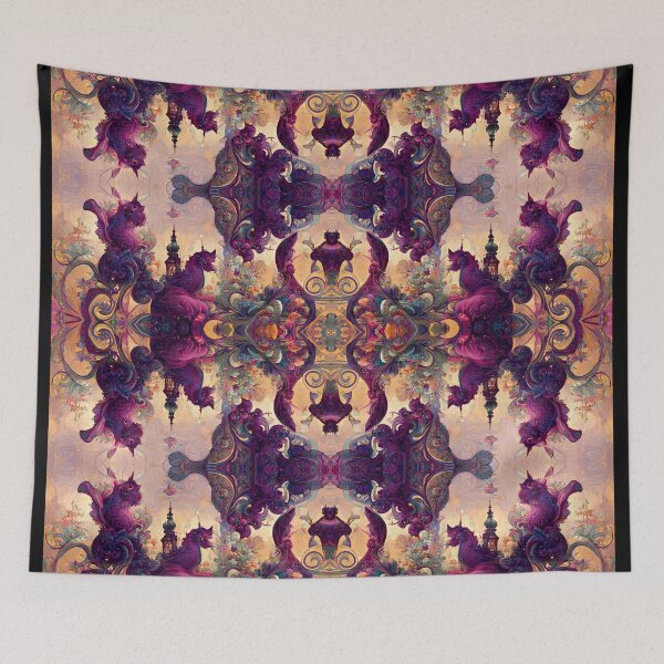 Item preview, Purple, Violet Fantasy Unicorn, Owl, Creature on Yellow, Orange, Amber floral, fruit motif designed and sold by MysticAlgorithm.